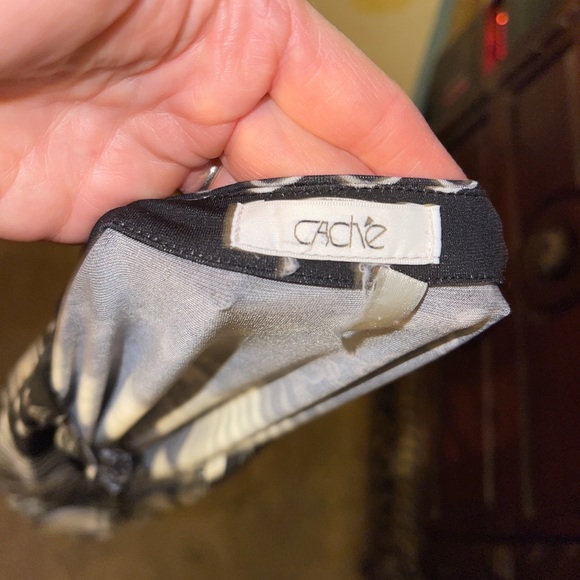 Cache M Zebra Chain Print Black White Gray Stretch Knit Top Ruched Tie Side - Picture 11 of 12